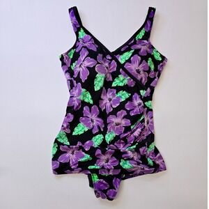 Mainstream Vintage‎ Purple Floral One Piece Swimsuit Ruched Surplice Size 12